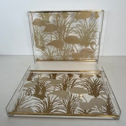Pair of Lucite and Brass Trays with Exotic Flamingo Décor, France, circa 1970