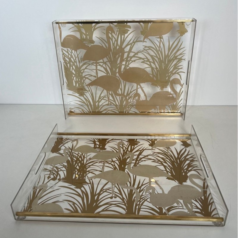 Pair of Lucite and Brass Trays with Exotic Flamingo Décor, France, circa 1970