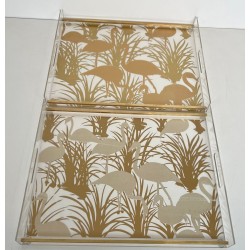 Pair of Lucite and Brass Trays with Exotic Flamingo Décor, France, circa 1970