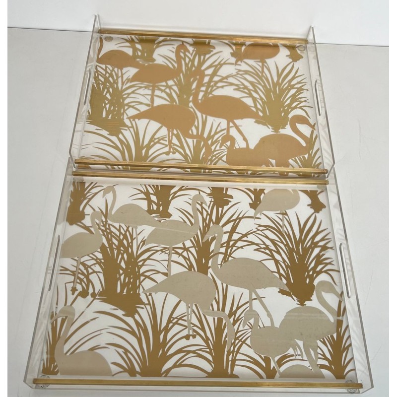 Pair of Lucite and Brass Trays with Exotic Flamingo Décor, France, circa 1970