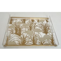 Pair of Lucite and Brass Trays with Exotic Flamingo Décor, France, circa 1970