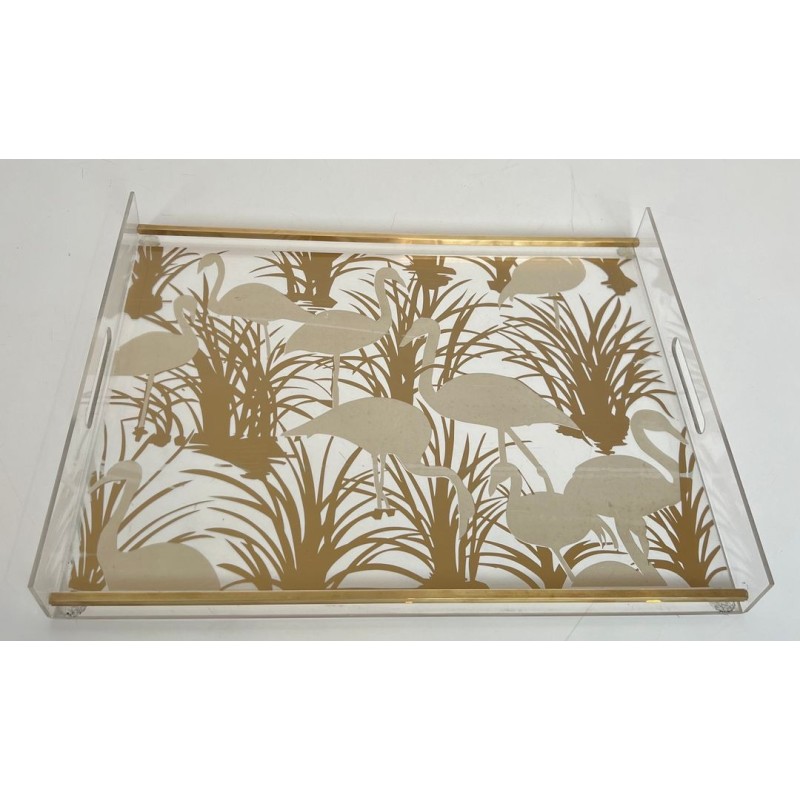 Pair of Lucite and Brass Trays with Exotic Flamingo Décor, France, circa 1970