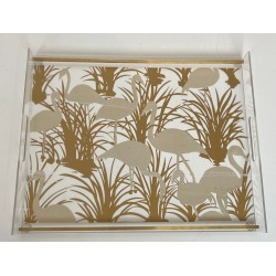 Pair of Lucite and Brass Trays with Exotic Flamingo Décor, France, circa 1970