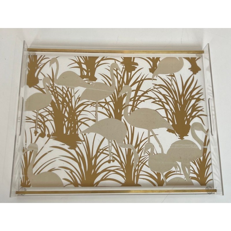 Pair of Lucite and Brass Trays with Exotic Flamingo Décor, France, circa 1970