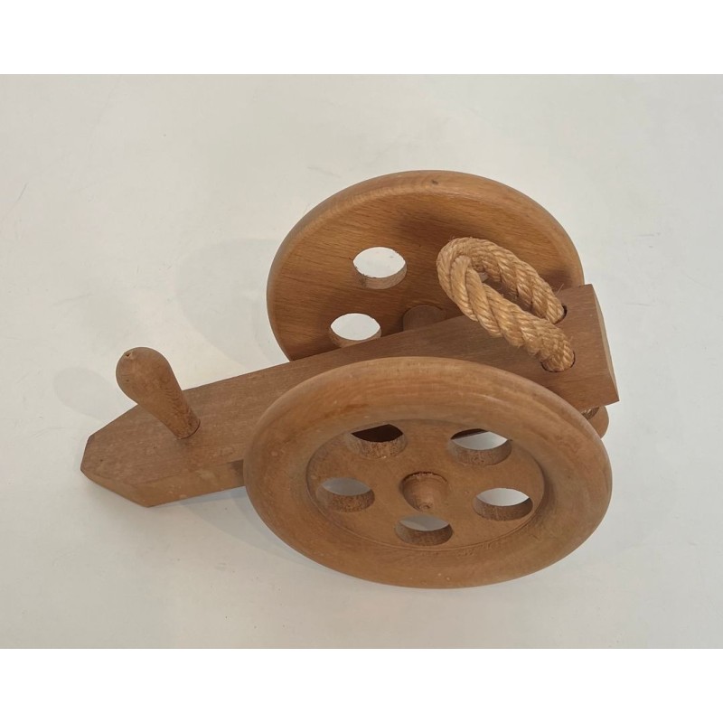 Cannon-Shaped Bottle Holder in Carved Wood and Rope, Audoux-Minet, France, circa 1970