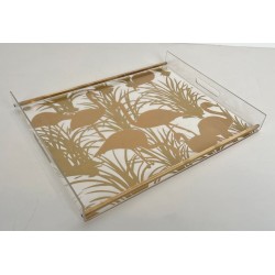 Pair of Lucite and Brass Trays with Exotic Flamingo Décor, France, circa 1970