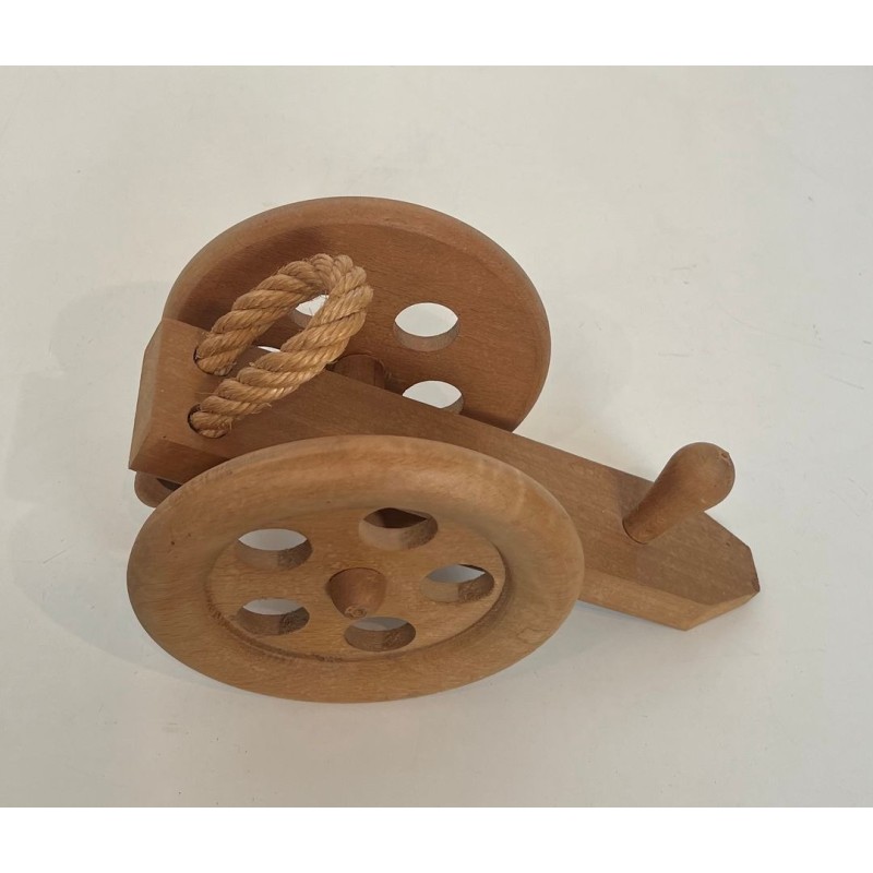 Cannon-Shaped Bottle Holder in Carved Wood and Rope, Audoux-Minet, France, circa 1970