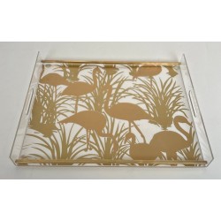 Pair of Lucite and Brass Trays with Exotic Flamingo Décor, France, circa 1970