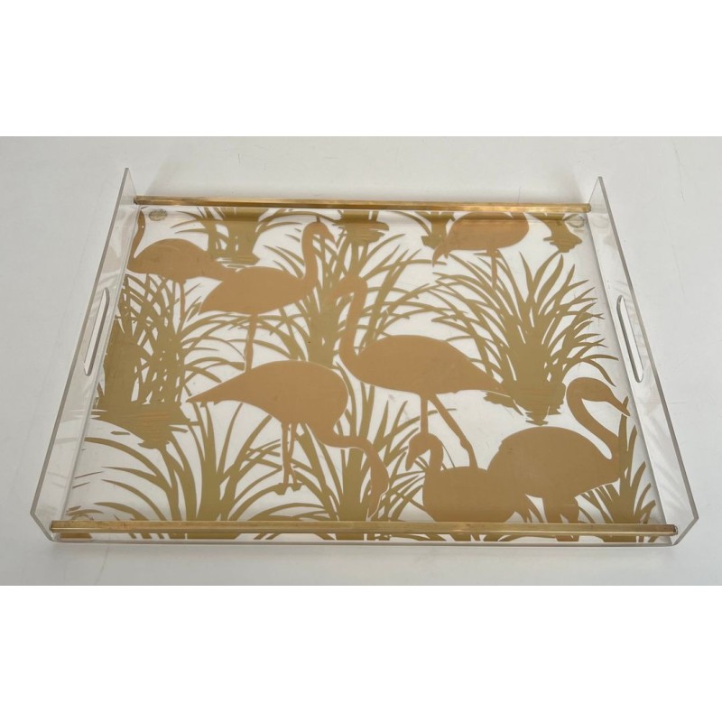 Pair of Lucite and Brass Trays with Exotic Flamingo Décor, France, circa 1970