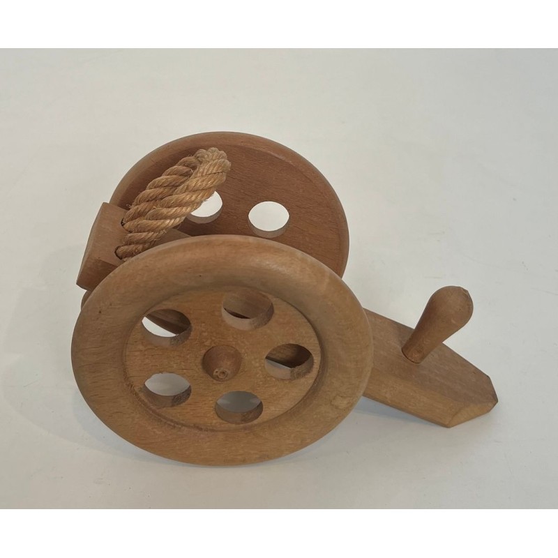 Cannon-Shaped Bottle Holder in Carved Wood and Rope, Audoux-Minet, France, circa 1970