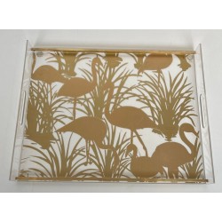 Pair of Lucite and Brass Trays with Exotic Flamingo Décor, France, circa 1970