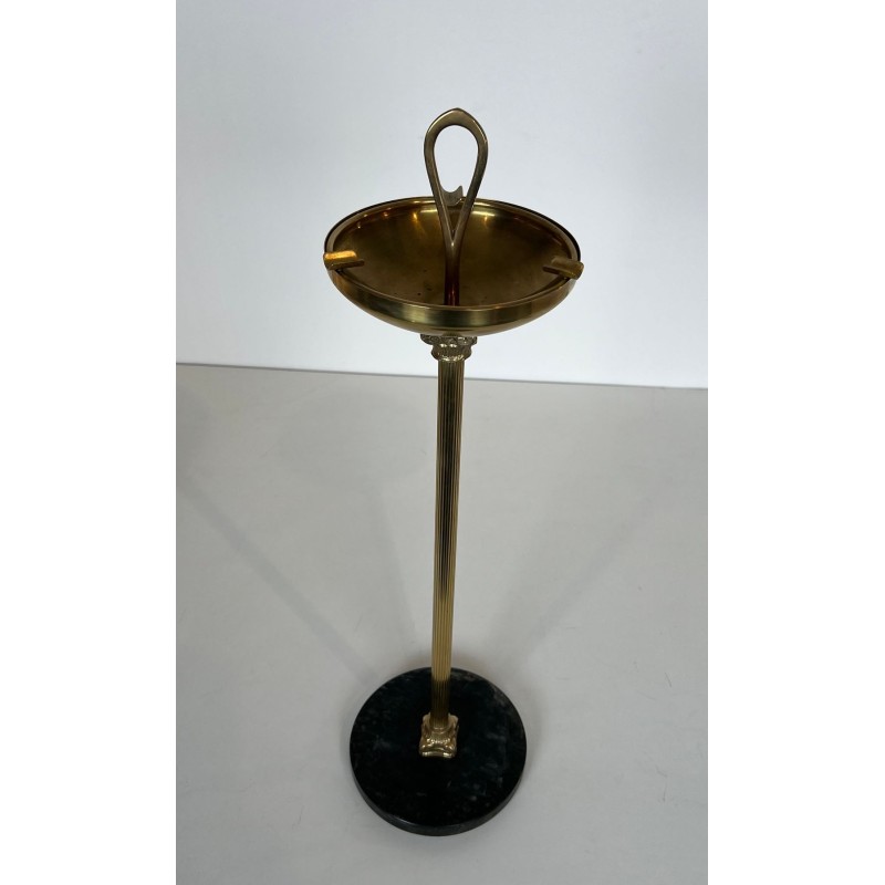 Neoclassical Brass Floor Ashtray on Black Marble Base, Style of Maison Jansen, France, circa 1940