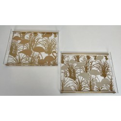 Pair of Lucite and Brass Trays with Exotic Flamingo Décor, France, circa 1970