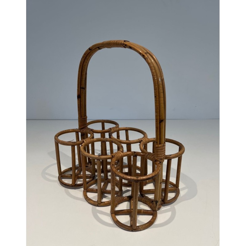 Rattan Six-Bottle Carrier with Arched Handle, France, circa 1950