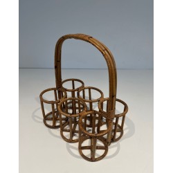 Rattan Six-Bottle Carrier with Arched Handle, France, circa 1950