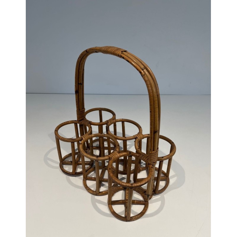 Rattan Six-Bottle Carrier with Arched Handle, France, circa 1950