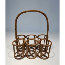 Rattan Six-Bottle Carrier with Arched Handle, France, circa 1950