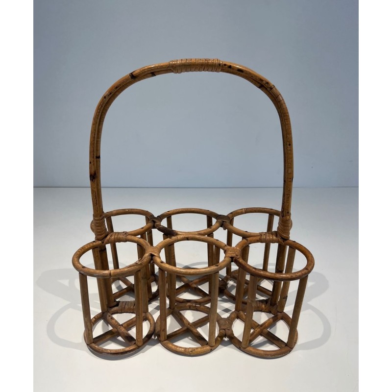 Rattan Six-Bottle Carrier with Arched Handle, France, circa 1950