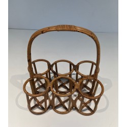 Rattan Six-Bottle Carrier with Arched Handle, France, circa 1950