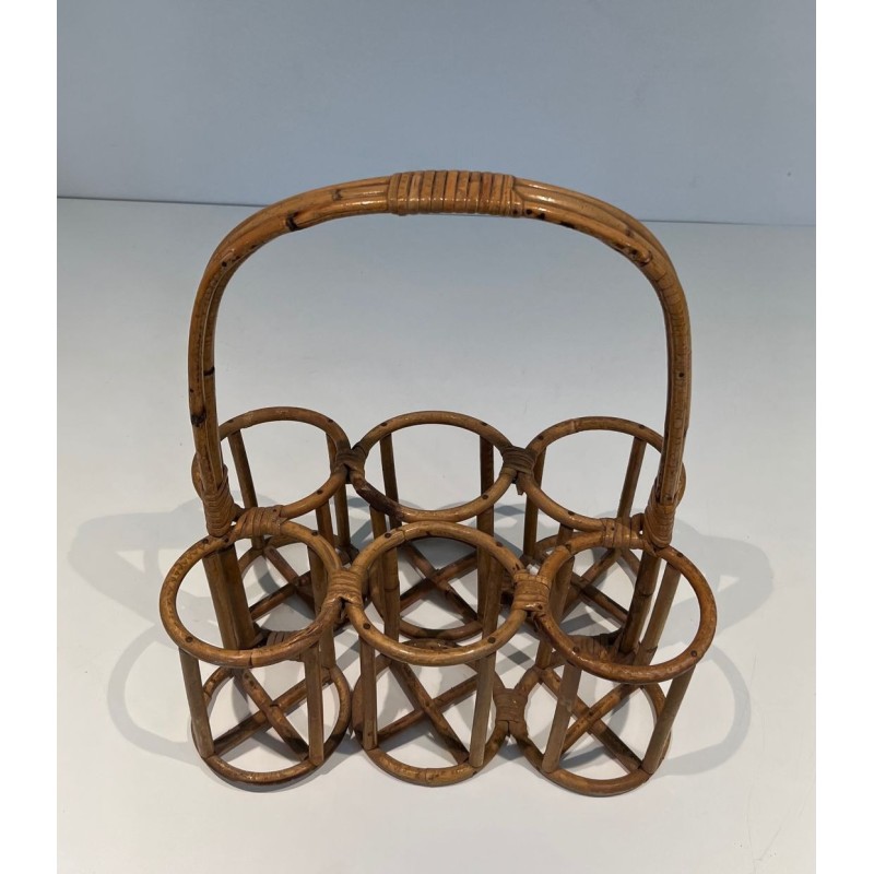 Rattan Six-Bottle Carrier with Arched Handle, France, circa 1950