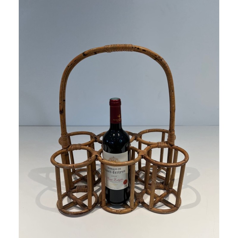 Rattan Six-Bottle Carrier with Arched Handle, France, circa 1950