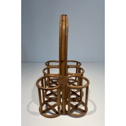Rattan Six-Bottle Carrier with Arched Handle, France, circa 1950