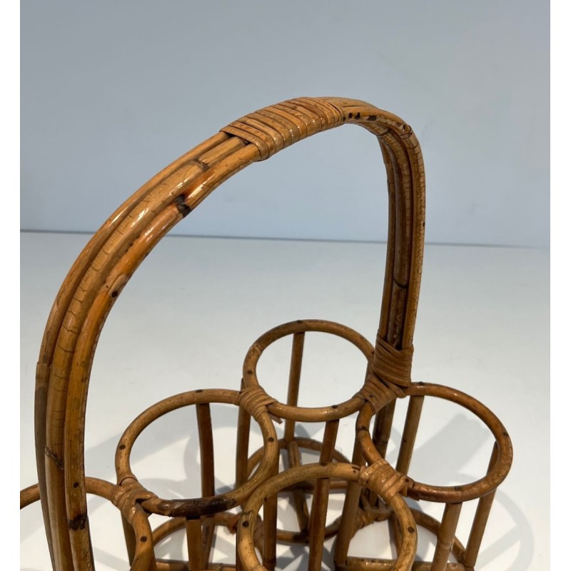Rattan Six-Bottle Carrier with Arched Handle, France, circa 1950
