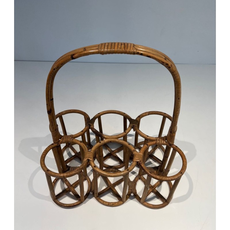 Rattan Six-Bottle Carrier with Arched Handle, France, circa 1950