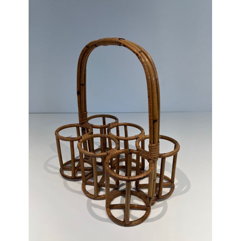 Rattan Six-Bottle Carrier with Arched Handle, France, circa 1950