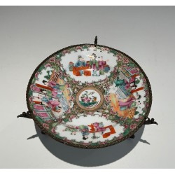 Canton Famille Rose Porcelain Plate with Court Scenes on a Bronze Stand, China, 19th Century