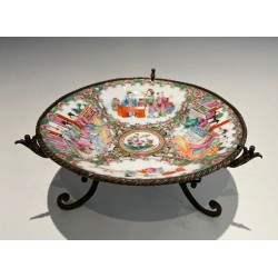 Canton Famille Rose Porcelain Plate with Court Scenes on a Bronze Stand, China, 19th Century