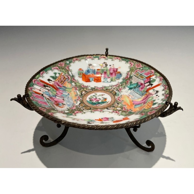 Canton Famille Rose Porcelain Plate with Court Scenes on a Bronze Stand, China, 19th Century