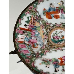 Canton Famille Rose Porcelain Plate with Court Scenes on a Bronze Stand, China, 19th Century
