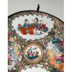 Canton Famille Rose Porcelain Plate with Court Scenes on a Bronze Stand, China, 19th Century