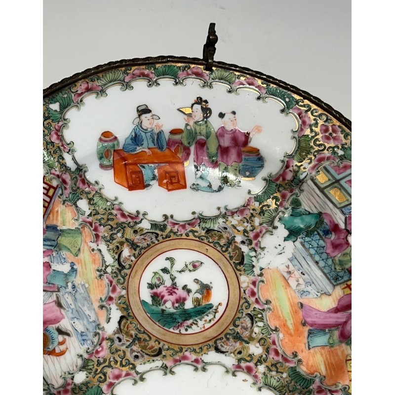 Canton Famille Rose Porcelain Plate with Court Scenes on a Bronze Stand, China, 19th Century