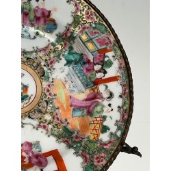 Canton Famille Rose Porcelain Plate with Court Scenes on a Bronze Stand, China, 19th Century
