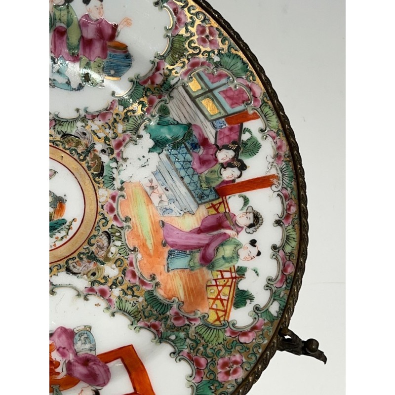 Canton Famille Rose Porcelain Plate with Court Scenes on a Bronze Stand, China, 19th Century