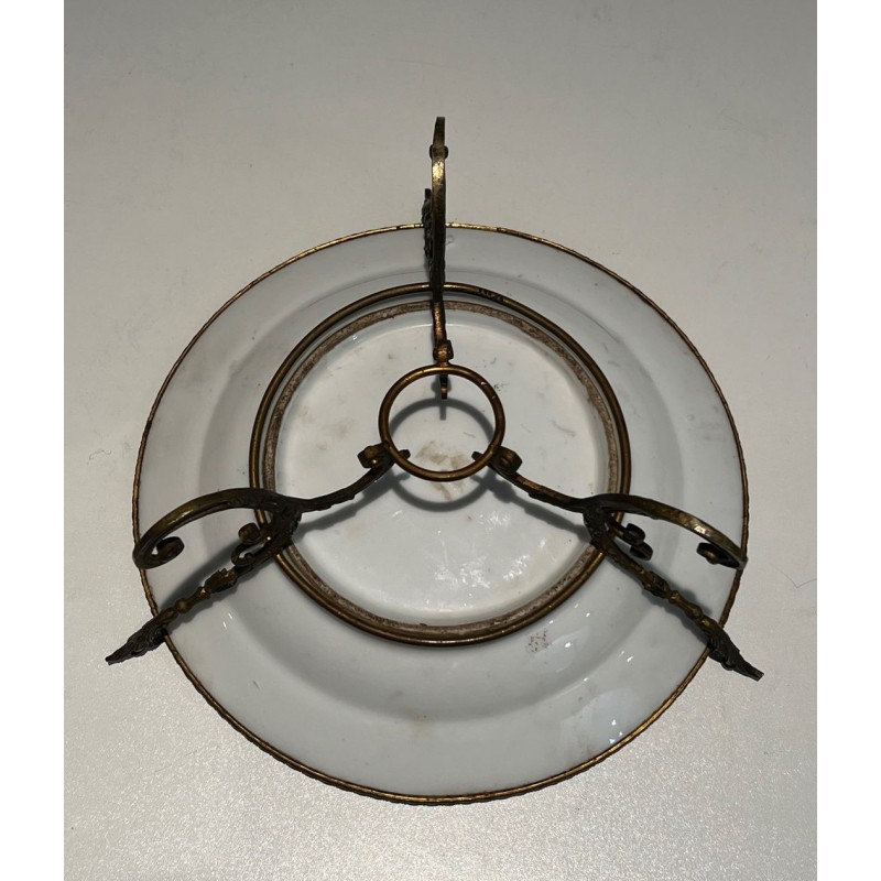 Canton Famille Rose Porcelain Plate with Court Scenes on a Bronze Stand, China, 19th Century