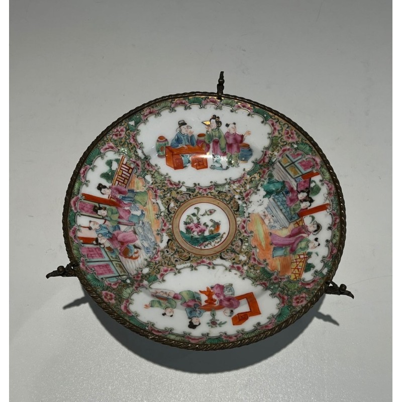 Canton Famille Rose Porcelain Plate with Court Scenes on a Bronze Stand, China, 19th Century