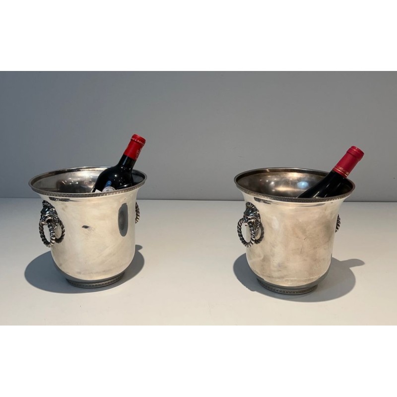 Paire de Seaux à Champagne en Métal Argenté aux Anses à Masques de Lion, France, vers 1970