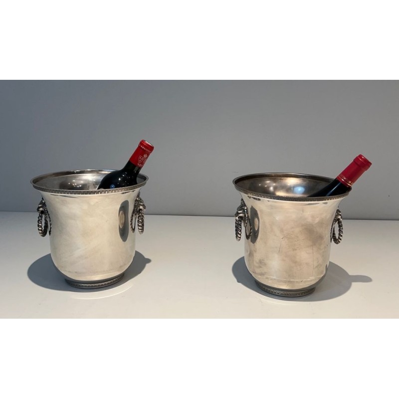 Pair of Silver-Plated Champagne Buckets with Lion-Mask Handles, France, circa 1970