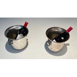 Paire de Seaux à Champagne en Métal Argenté aux Anses à Masques de Lion, France, vers 1970