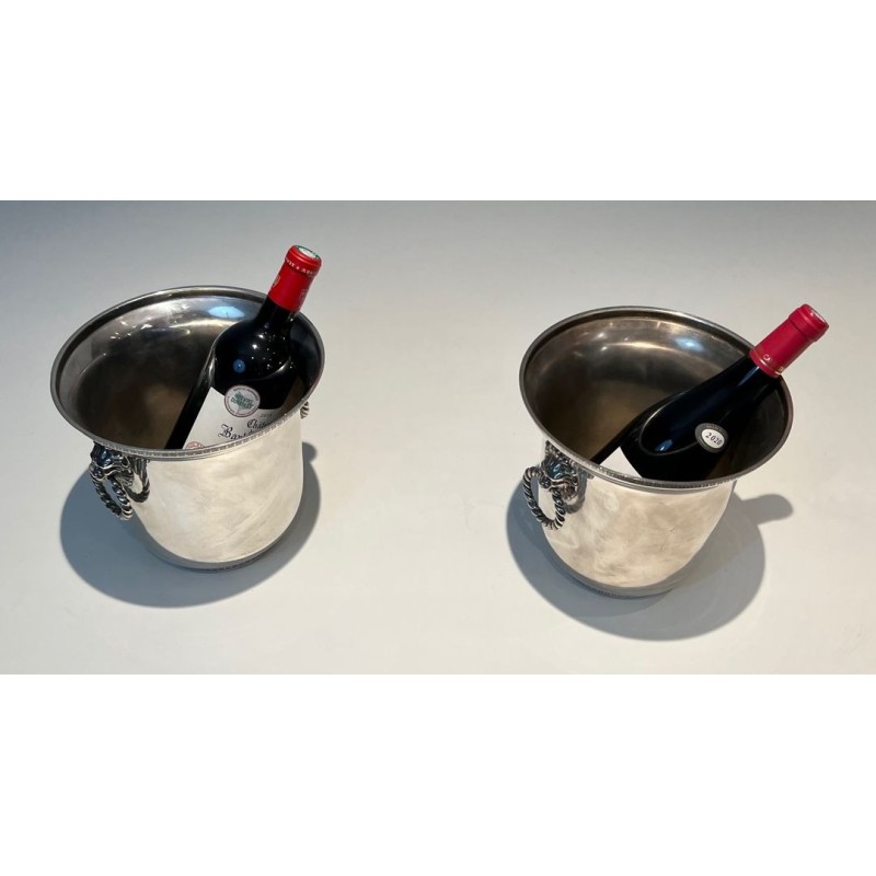 Paire de Seaux à Champagne en Métal Argenté aux Anses à Masques de Lion, France, vers 1970