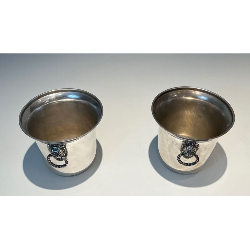 Pair of Silver-Plated Champagne Buckets with Lion-Mask Handles, France, circa 1970