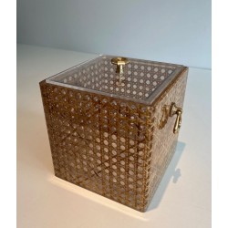 Lucite, Cane and Brass Ice Bucket in the Manner of Gabriella Crespi, Italy, circa 1970