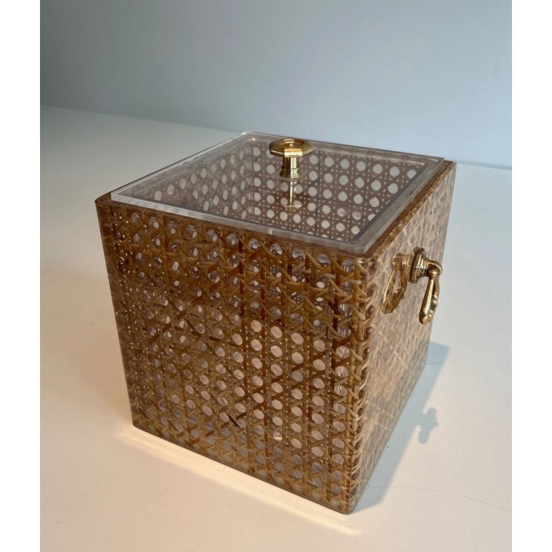 Lucite, Cane and Brass Ice Bucket in the Manner of Gabriella Crespi, Italy, circa 1970
