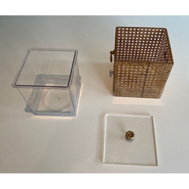 Lucite, Cane and Brass Ice Bucket in the Manner of Gabriella Crespi, Italy, circa 1970