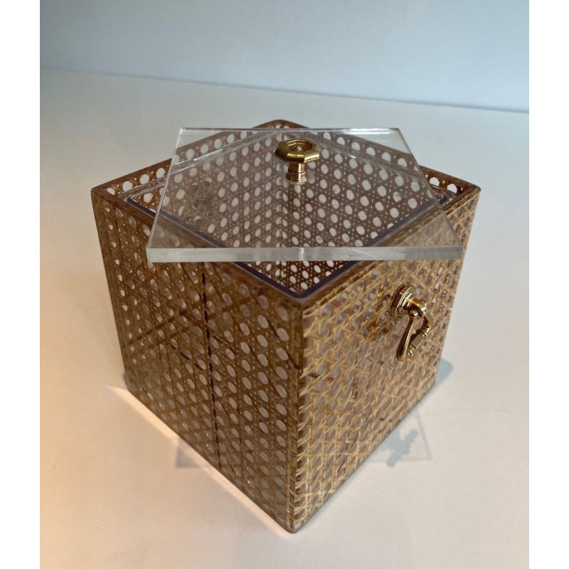 Lucite, Cane and Brass Ice Bucket in the Manner of Gabriella Crespi, Italy, circa 1970