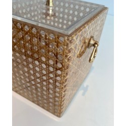 Lucite, Cane and Brass Ice Bucket in the Manner of Gabriella Crespi, Italy, circa 1970