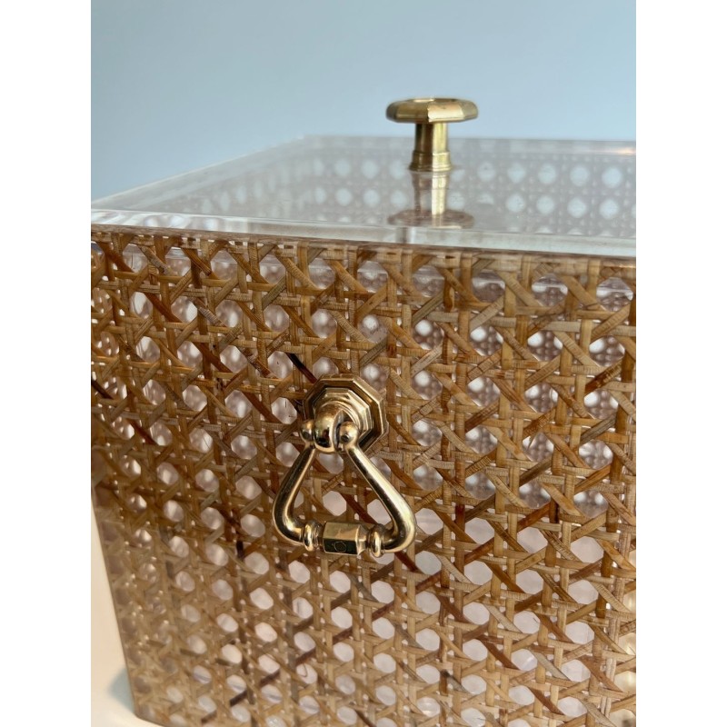 Lucite, Cane and Brass Ice Bucket in the Manner of Gabriella Crespi, Italy, circa 1970